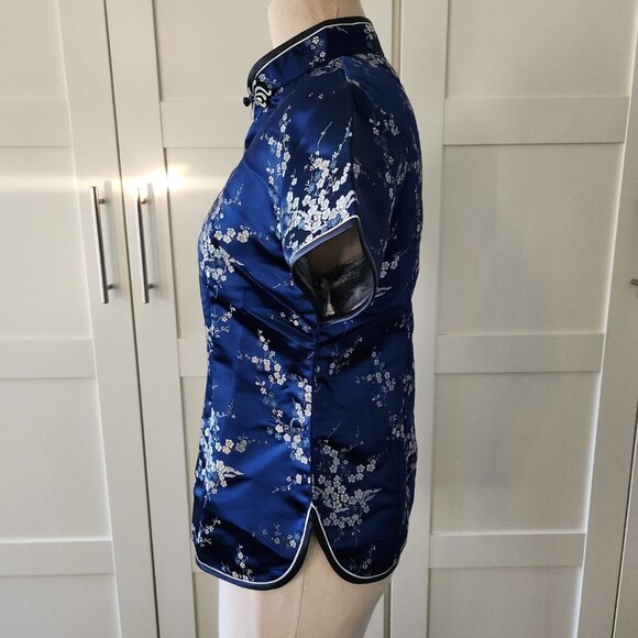 Chinese Silk Brocade Dark Blue White Cherry Blossom Cheongsam Blouse Size Large - Picture 3 of 5